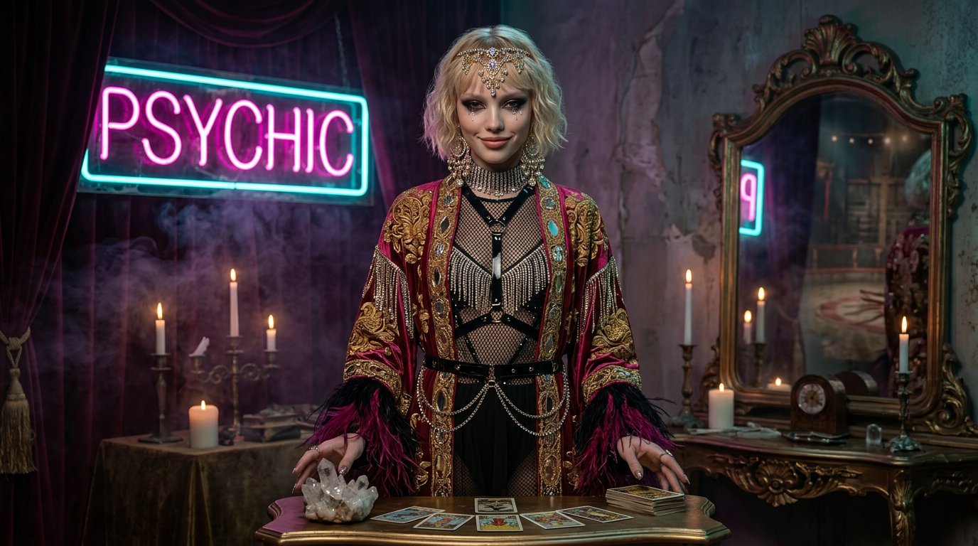 The Oracle in her parlor, neon PSYCHIC sign glowing behind velvet and candles